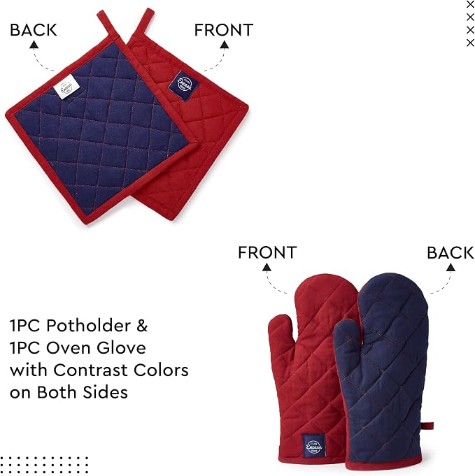 Encasa XO Oven Mitts and Pot Holders Set, Heat Resistant Cotton | Red, Diamond Quilted | Non-Slip Grip | Microwave & Oven Safe | Hanging Loop | Machine Washable | Set of 2