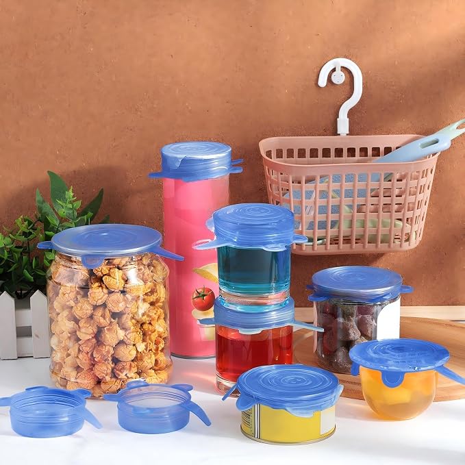 Patelai 16 Pack Silicone Jar Covers Same Size Silicone Jar Cap Stretch Lids Thicker Reusable Container Cover, Expandable Food Storage Covers Dishwasher and Freezer Safe 2.6-3.3 Inch(Blue)