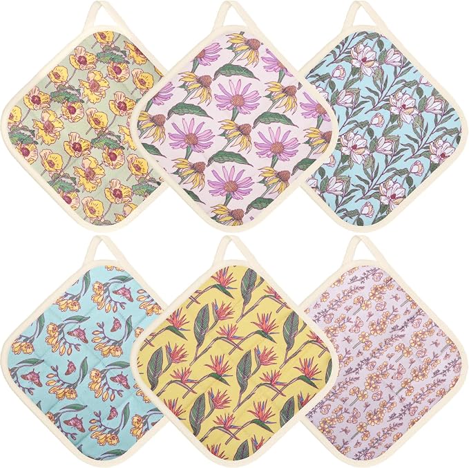 6 Pack Pot Holders 100% Cotton Heat Resistant Potholder, Machine Washable Pot Holder, Hot Pads, Table Pads for Cooking Baking (D)