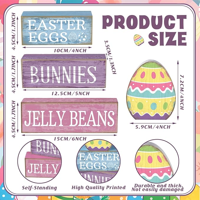 Lineshading 4 Pcs Easter Block Signs, Farmhouse Tiered Tray Decor Wooden | Rustic Blocks with Easter Eggs Bunnies Jelly Beans Text, Colorful Egg Topper, Spring Tabletop Shelf Mantel Gift