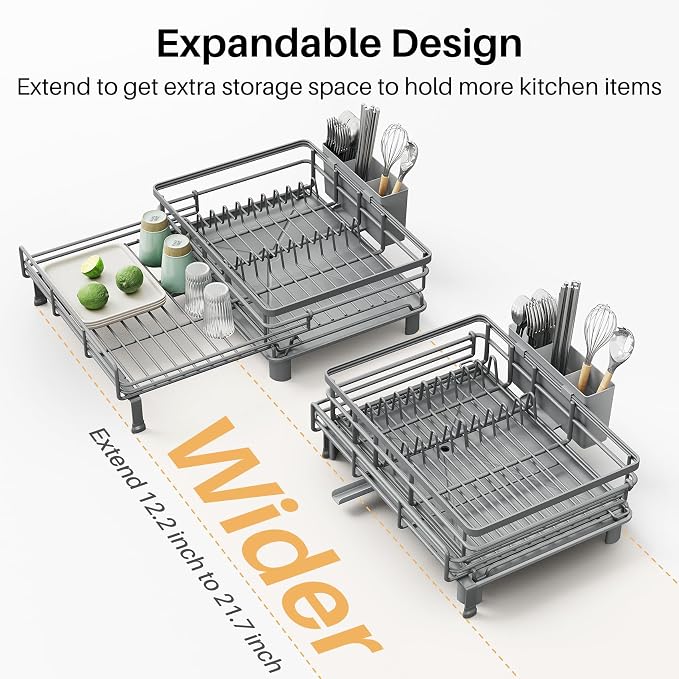 SNTD Expandable Dish Drying Rack for Kitchen Counter, Stainless Steel, Grey | Foldable Over Sink, Large Capacity, Adjust to Fit Most Sinks, Angled Drainboard, Removable Utensil Holder, Slip Resistant