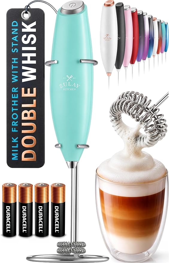 Zulay Kitchen Powerful Milk Frother Wand With Duracell Batteries - Ultra Fast Handheld Drink Mixer - Electric Whisk Foam Maker for Coffee, Lattes, Cappuccino & Matcha - Double Whisk - Fresh Mint