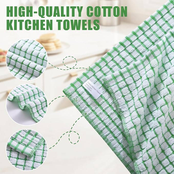 Mordimy Premium Cotton Kitchen Towels 16"x 25", Green Check Design, 8 Pack | Super Absorbent Terry Kitchen Hand Towels, Large Natural Ring Spun 360 GSM Dish Towels, Soft Tea Towels with Hanging Loop