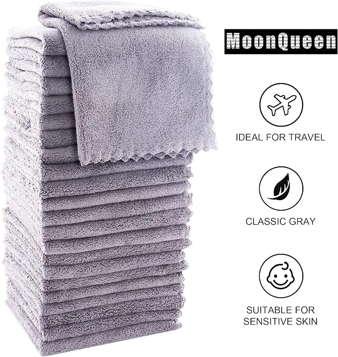 MOONQUEEN Ultra Soft Premium Washcloths Set - 12 x 12 inches - 72 Pack - Quick Drying - Highly Absorbent Coral Velvet Bathroom Wash Clothes (Light Grey)