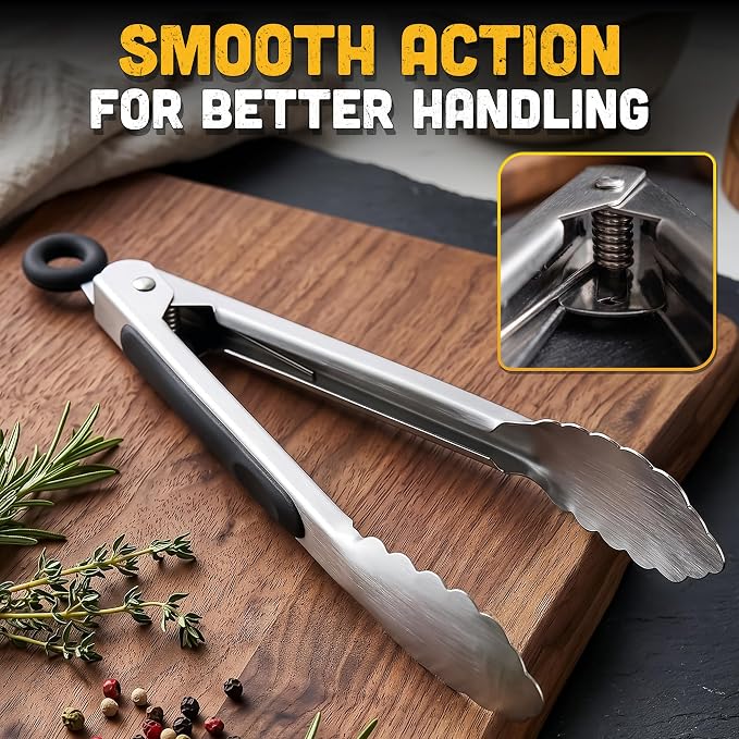 Stainless Steel Kitchen Tongs Set of 3, 7/9/12 Inch, Heavy Duty | Cooking Tongs for BBQ, Grilling, Air Fryer, Serving & Salad; Silicone Grips, Locking Ring, Hanging Loop; Metal Utensil Set