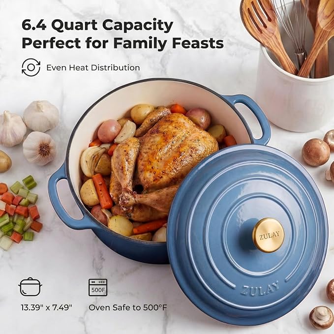 Zulay Kitchen 6.4QT Enameled Cast Iron Dutch Oven Pot with Lid, Heavy-Duty Soup Pot for Stews, Braising, Roasting & Sourdough Bread Baking, Oven Safe up to 500°F - Aquamarine