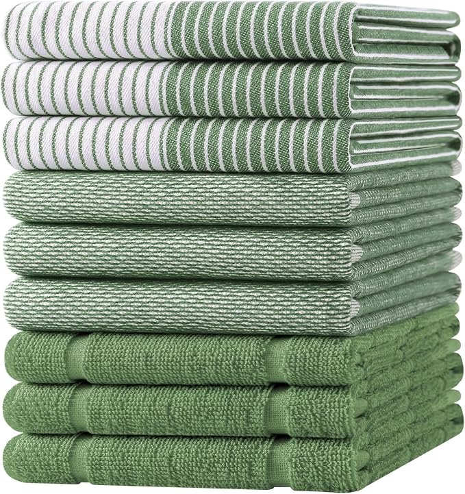 Homaxy 9 Pack Cotton Terry Premium Kitchen Towels, 18 x 28 in, Grass Green | Large 380 GSM Dish Towels, Highly Absorben Flat & Terry Kitchen Hand Towels, Soft Utility Tea Towel Set with Hanging Loop