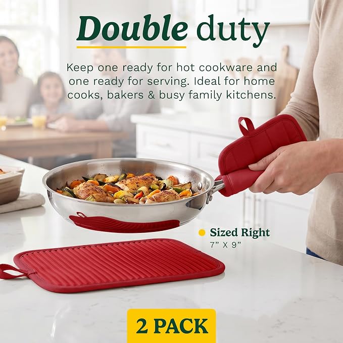 Cuisinart Silicone Pot Holders, Set of 2 7"x9", Heat Resistant 500F | Non-slip grip back is waterproof, hand pocket for secure hold, doubles as a trivet, wipe clean, hanging loop
