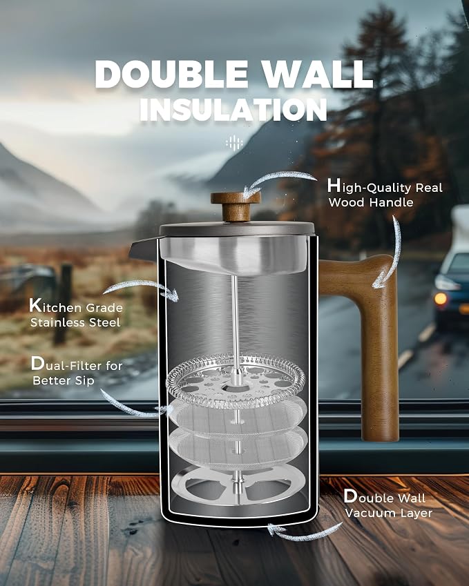 POLIVIAR French Press Coffee Maker, 34 oz | Real Wood Handle Coffee Press, Double Wall Insulation, Dual-Filter Screen, Food Grade Stainless Steel, For Coffee and Tea