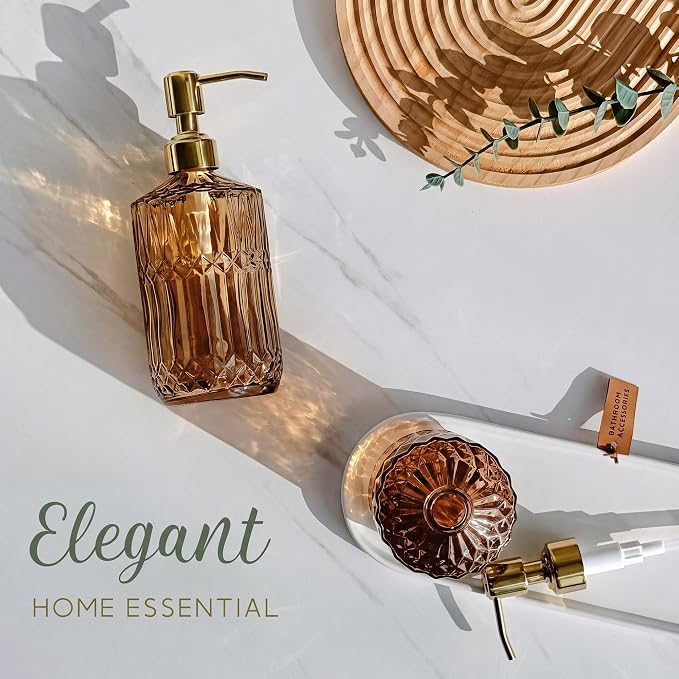JASAI 18Oz Amber Glass Soap Dispenser with Gold RustProof Pump for Bathroom | Refillable Dish soap Dispenser for Kitchen Sink, Soap Dispenser Bathroom for Hand soap, Lotion, Dish Soap.