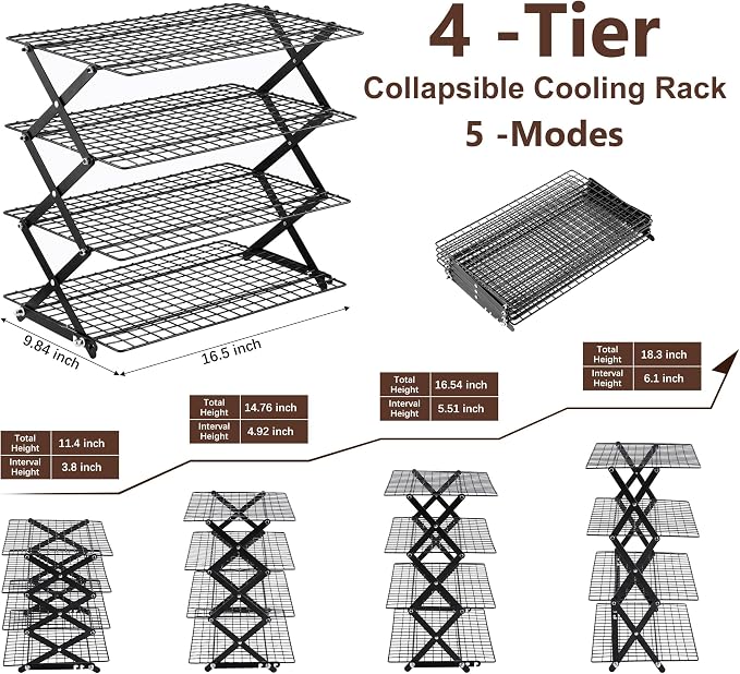 Pleafind 2/3/4-Tier Collapsible Cooling Rack - 3 Setting Design, Adjustable ＆ Stackable Baking Rack, 5 Modes Cooling Racks for Cooking and Baking, Roasting ＆ Grilling Gifts for Picnic Party