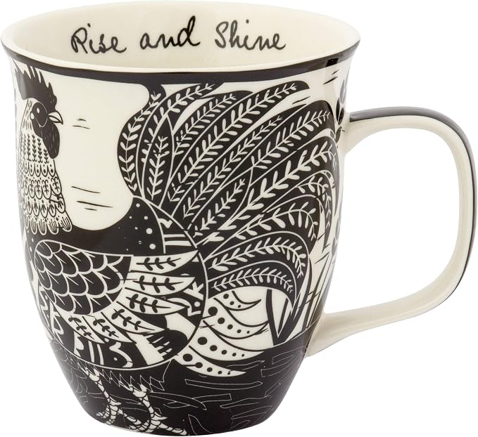 Karma Gifts 14 oz Black and White Boho Mug Rooster - Cute Coffee and Tea Mug - Ceramic Coffee Mugs for Women and Men