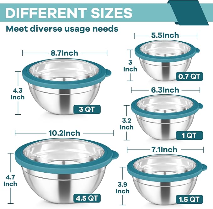 TeamFar Mixing Bowls Set, 4.5/3/1.5/1/0.7 QT Salad Bowl with Lid, Dark Blue | Stainless Steel Nesting Bowls with Visible Airtight Lids, For Serving/ Mixing/ Storing, Non-Toxic & Dishwasher Safe, Set of 5