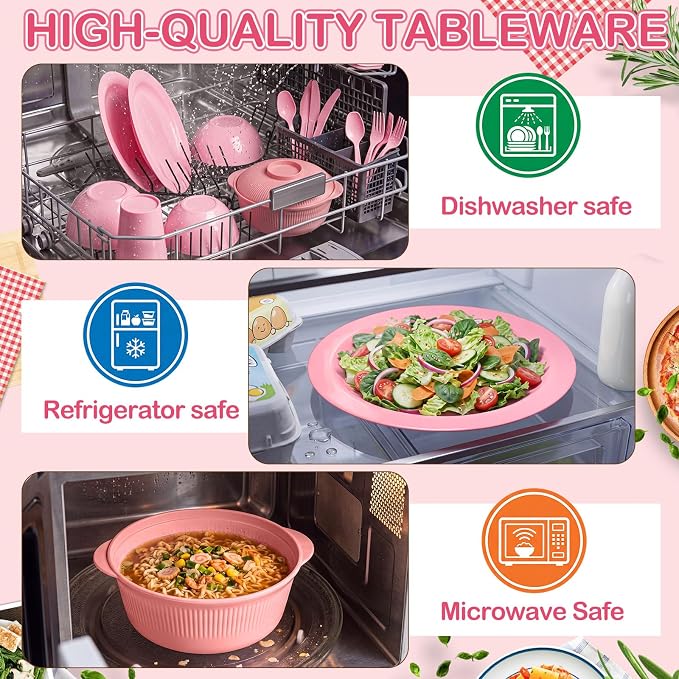 LemonRoad College Dorm Dishes Essential Kit 2 Sets Plastic Plates and Bowls 1 Set 40oz Microwave Cooker Ramen Bowl with Chopstick Spoon Fork Picnic Dinnerware Camping Set for College Dorm Room(Pink)