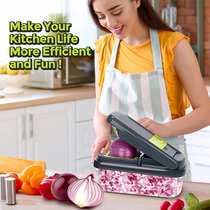 Yusshn Vegetable Chopper, 12-in-1 Food Veggie Chopper Cutter with Container | 7 Sharp Blades Dice, Slice, Shred and Grate for Salads, Onions and Meal Prep, with a Non-Slip Base and Drain Basket