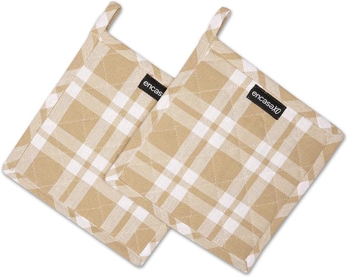 Encasa XO Pot Holders, Quilted Kitchen Hot Pads 8"x8" Franca Beige Checks | 100% Eco-Friendly Cotton | Thick Cotton Padding Insulation | Convenient Hanging Loop | Set of 2