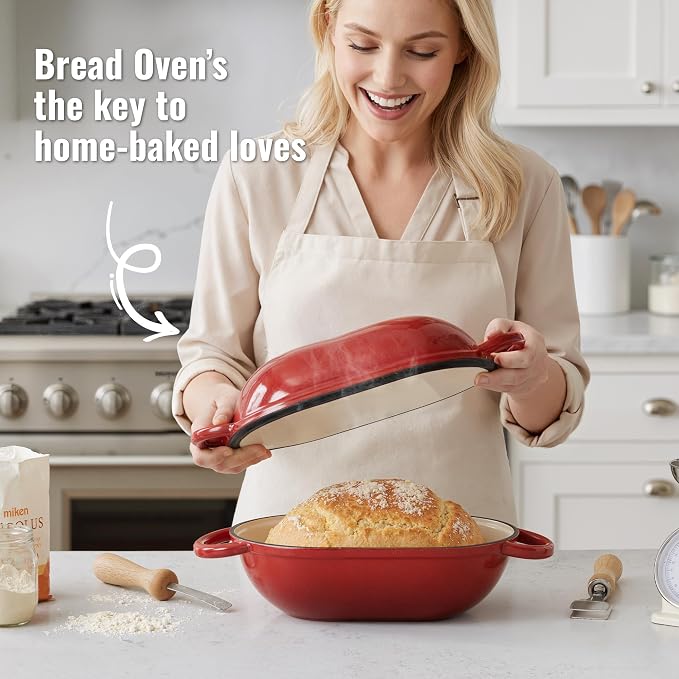 2 QT Oval Dutch Oven for Bread Baking, Enamelled Cast Iron Bread Oven for Sourdough, Sourdough Loaf Pan with Lid, Heavy-Duty Non Stick Bread Pan for Homemade Bread Baking, Red