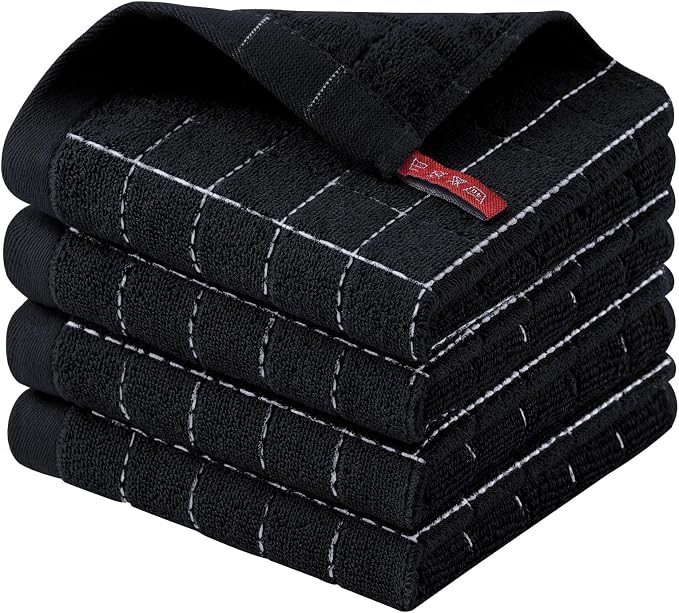 Homaxy 100% Cotton Terry Kitchen Dish Cloths, 4 Pack, Black | Ultra Soft and Absorbent Dish Towels for Kitchen, Suitable for Drying and Washing Dishes