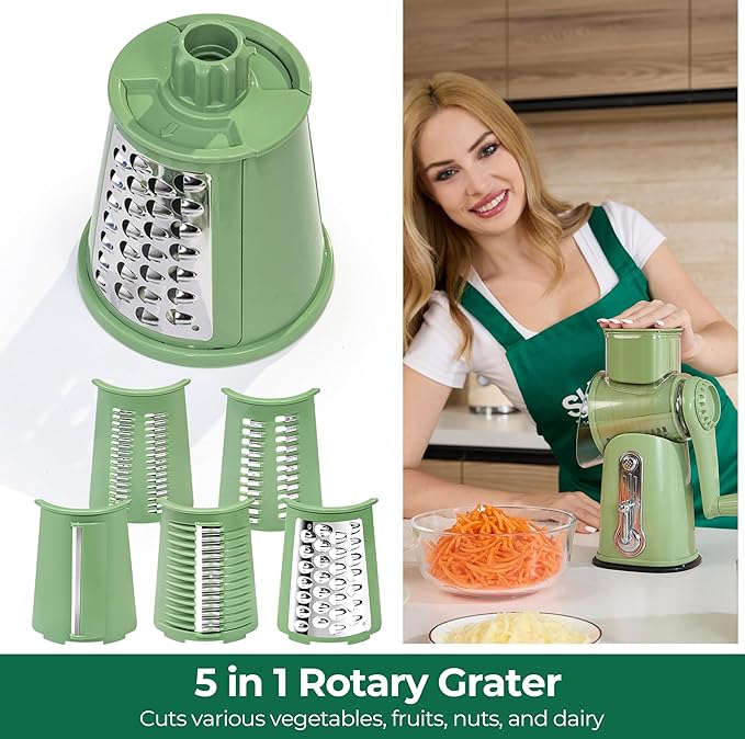 SUSTEAS Rotary Cheese Grater 5 Blades,Kitchen Mandoline Vegetable Slicer | Easy to Clean,Strong Suction Base,Blades Storage Box,Round Mandoline Slicer & Food Chopper for Cheese,Salad,Nut, Retro Green