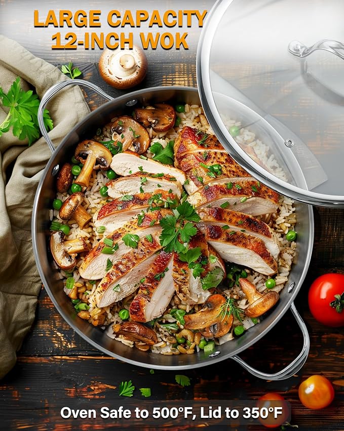 Cooks Standard Multi-Ply Clad 12-Inch Stainless Steel Wok Stir Fry Pan with Glass Lid, Large Stainless Steel Deep Frying Pan, Everyday Chef's Pan Flat Bottom Wok Induction Cookware