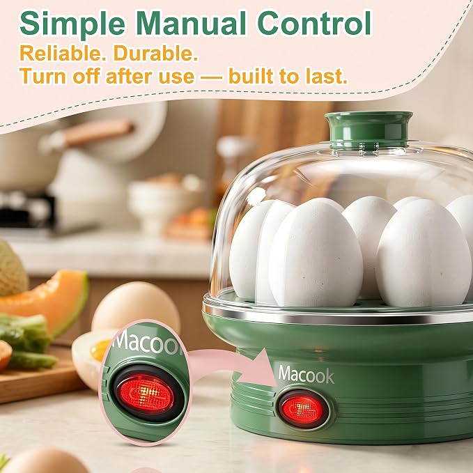 Macook Electric Egg Cooker for Easter, 7 Egg Capacity with Auto Shut-Off, Spring Green Hard Boiled Egg Maker, Ideal Easter Gift for Egg Decorating, Includes Measuring Cup