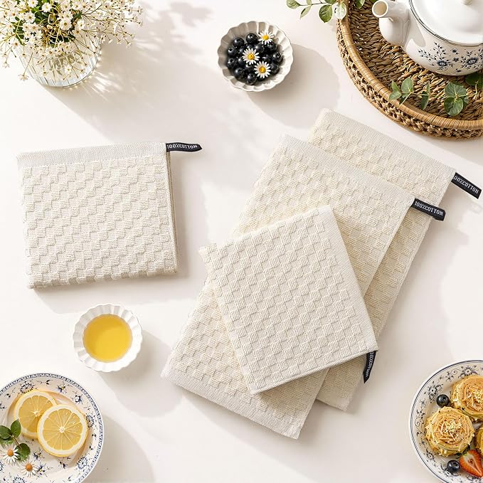 Homaxy 100% Cotton Terry Dish Cloths, 12"x12", 8-Pack, Beige | Ultra Soft Absorbent Dish Towels with Hanging Loop, Pineapple Grid Designed
