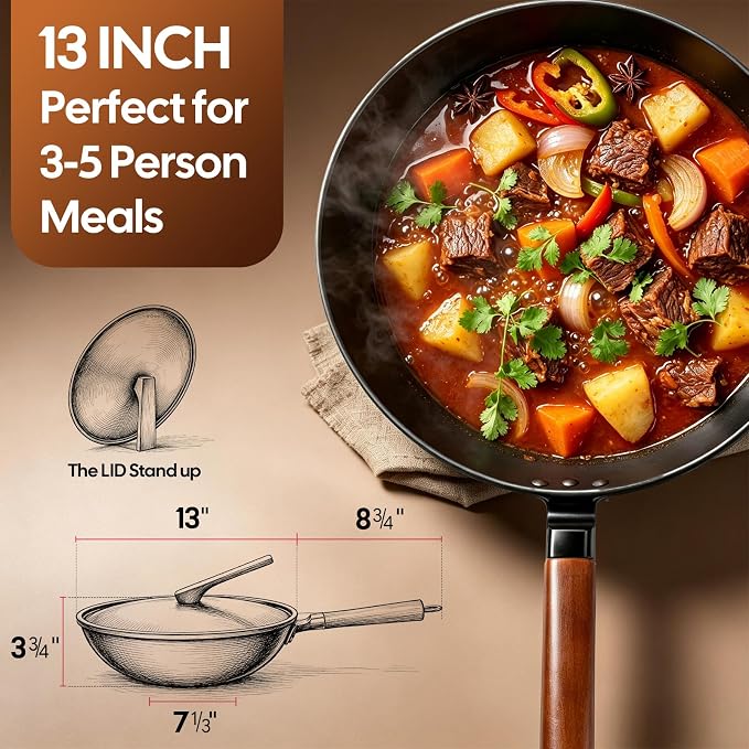 AOSION 13'' Carbon Steel Wok, 12 Piece Wok Pan & Stir-Fry Pans Set with Lid | No Chemical Coated Flat Bottom Chinese Wok Pan