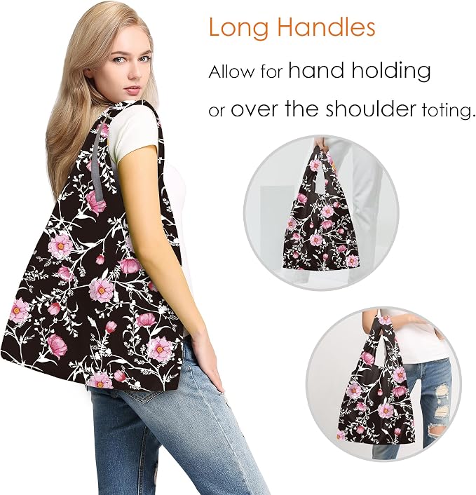 BeeGreen Floral Reusable Grocery Bags Bulk 6 Packs X-Large50LBS, Reusable Shopping Bags Foldable for Groceries, Vegetables, Fruits Bulk Tote Bags Washable For Women Men