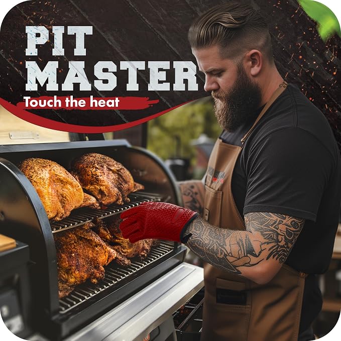KITCHEN PERFECTION XL Silicone Smoker BBQ Gloves -Heat Resistant Oven Mitts | Waterproof, 5-Finger Design For A Better Grip, for Pitmasters, Meat Smoking, Grilling, Cooking, Frying Turkey | Grill Gift
