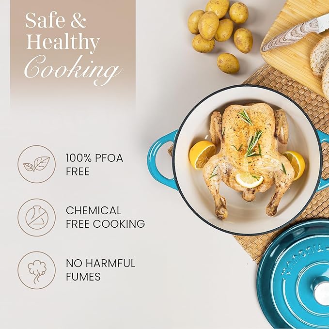 Cast Iron Pot with Lid - Non-Stick Ovenproof Enamelled Casserole Pot, Oven Safe up to 500° F-Sturdy Dutch Oven Cookware - Blue, 5-Quart, 24cm-by Nuovva
