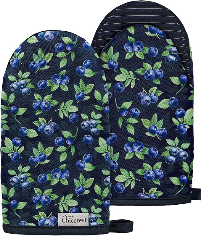 100% Thick Cotton Mini Oven Mitts Silicone Grip Blueberry | Elegant Classic Oven Mitts for Women, Machine Washable, Non-Slip, Reversible Design Fits Both Hands, Stylish Kitchen Decor