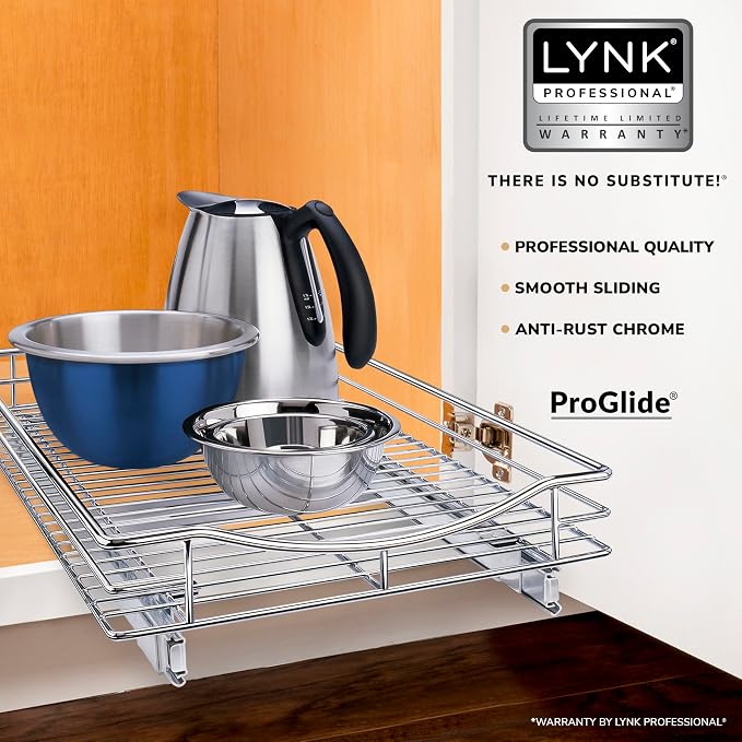 LYNK PROFESSIONAL® Pull Out Cabinet Organizer, Kitchen Slide Out Drawer | 14W x 18D chrome rollout shelf creates easy-access storage for cookware, pantry items and kitchen essentials inside cabinets