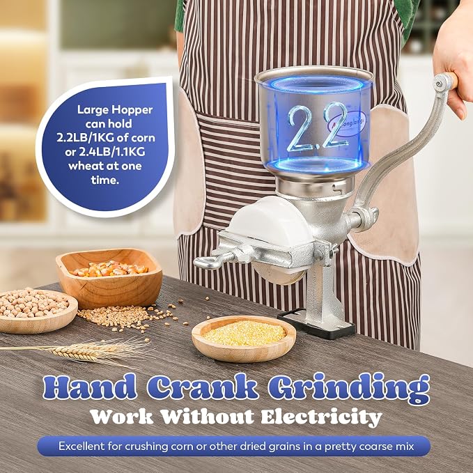 Moongiantgo Corn Grinder Mill Cast Iron Manual Grain Mill Hand Grinder with Large Hopper for Corn Barley Wheat Berries Coffee Chickpeas Poppy Seeds Pepper Dried Beans Animals Feed Home Brewing | Mill Grinder with Large Hopper, for Corn Barley Wheat Ber...