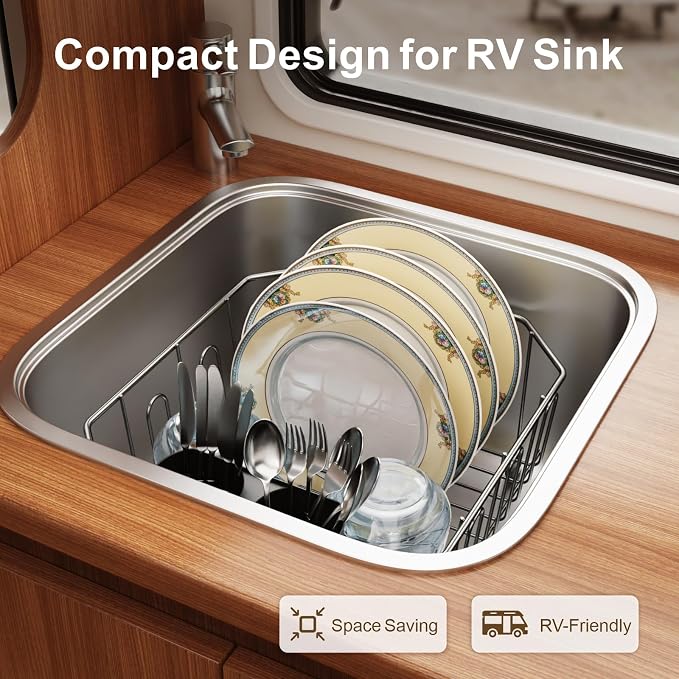 Small in Sink Dish Drying Rack - Stainless Steel for RV Kitchen | Compact Design for Apartments, Angled Corners Fit Square & Round Sinks, Utensil Holder, Cup Hooks, 1-2 Person, 11.6" x 13.4"