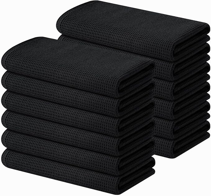 Homaxy 100% Cotton Waffle Weave Kitchen Towels, 12 Pack, Black | Soft and Absorbent Dish Towels, 16 x 26 Inches Quick Dry Hand Towels