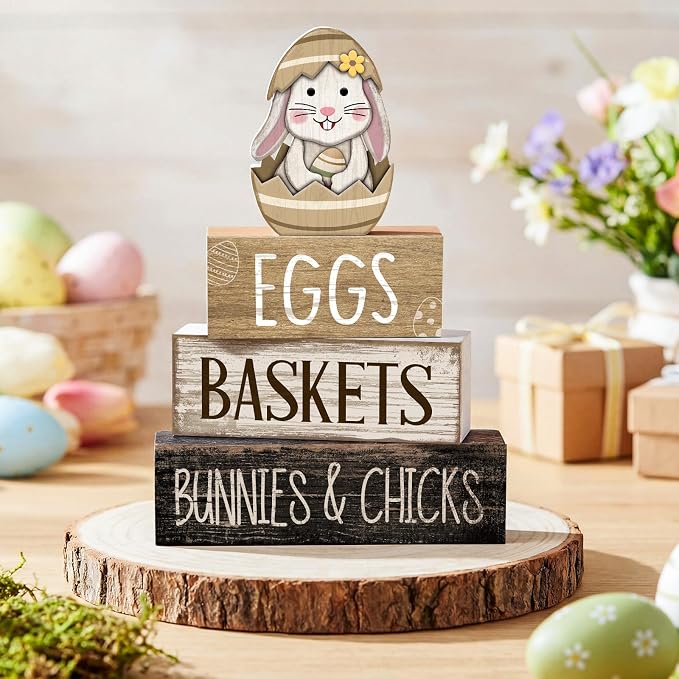 Lineshading 4 Pcs Wooden Farmhouse Tiered Tray Decor Rabbit Egg Signs | Rustic Home Decor for Shelves, Spring Easter Bunny Themed Stackable Blocks, Farmhouse Table Centerpiece Gift