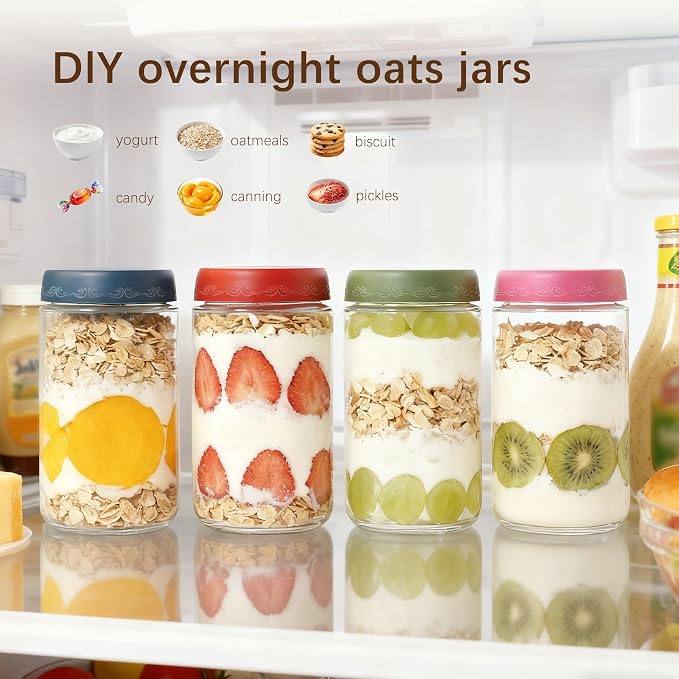 24 OZ Overnight Oats Jars with Lids 4 Pack, Glass Meal Prep Containers, Reusable Food Storage Jars, Airtight Mason Jars for Breakfast, Yogurt Parfait, Salad, Smoothies(4-1)