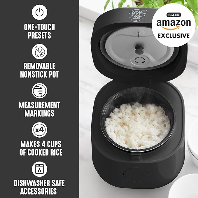 GreenLife Digital Rice Cooker, 2-Cups Uncooked/4-Cups Cooked, Black | PFAS-Free Ceramic Nonstick Coated 1.5QT Pot, One-Touch Presets, Oats, Quinoa, Brown Rice, Auto Warming, Fuzzy Logic Tech