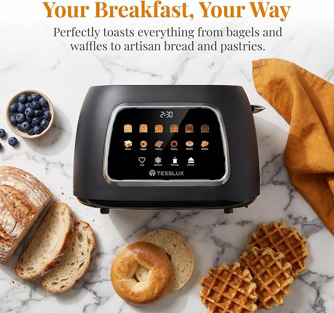 Tesslux Toaster 2 Slice, Extra Wide Slot, 800W, Touch Screen Panel, Black | LED Countdown, Defrost, Reheat, Cancel, 6 Bread Modes, 6 Browning Levels, Crumb Tray, Matte Black Stainless Steel