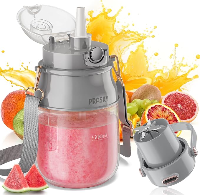 Portable Blender, 27oz Personal Blender for Smoothies & Protein Shakes with 70W Motor & Smart Lock, USB-C Rechargeable, BPA-Free for Travel/Office/Home/Gym Drink Mixer with Strap, Prasky (Light Gray) | Personal Size Blender for Smoothies, USB-C Recharg...