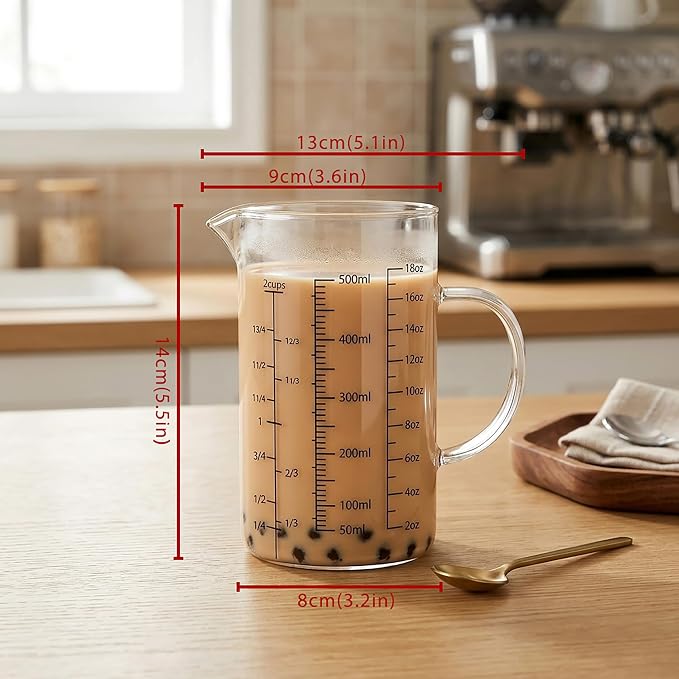 18 oz/500ml Glass Measuring Cup,OLULU 2 Cup Liquid Measuring Cup with 3 Measurement Scales (Cup/Oz/ml), Borosilicate Glass Measuring Cup with Handle & Spout for Baking, Cooking