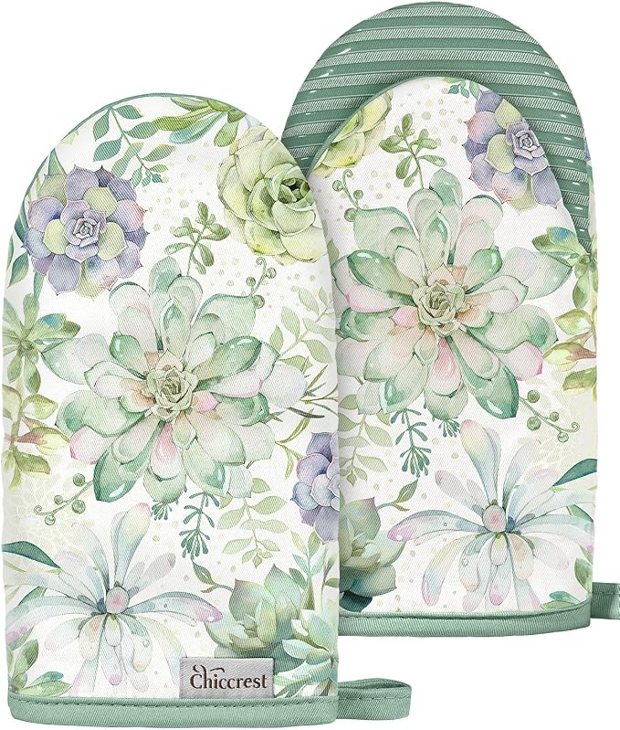 100% Thick Cotton Mini Oven Mitts Silicone Grip Bright Succulents | Elegant Classic Oven Mitts for Women, Machine Washable, Non-Slip, Reversible Design Fits Both Hands, Stylish Kitchen Decor