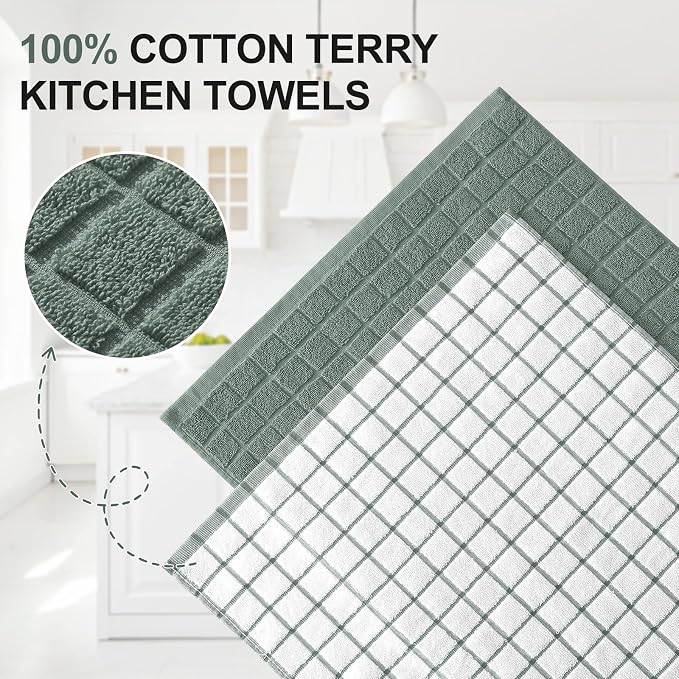 Homaxy Large Premium Cotton Kitchen Towels 16"x 28", 4 Pack, Sage Green | Natural Ring Spun 390 GSM Dish Towels, Super Absorbent Terry Kitchen Hand Towels, Soft Tea Towels with Hanging Loop