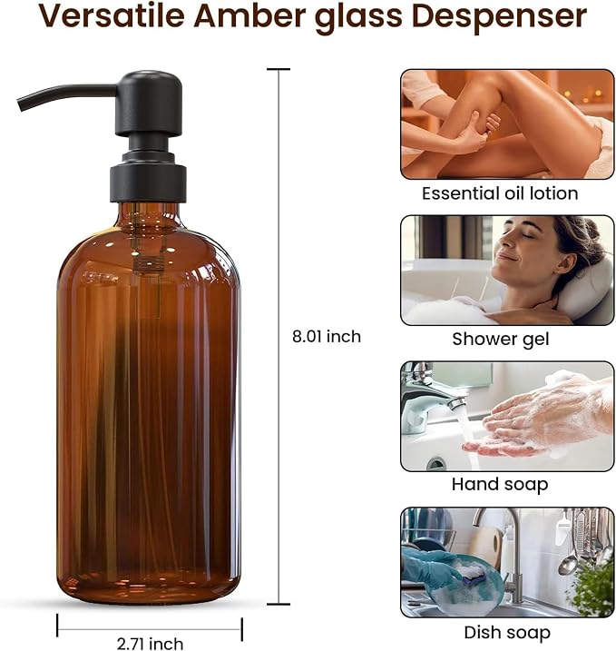 Amber Glass Soap Dispenser, Matte Black Pump, 16 oz | Amber glass, Matte Black Stainless Steel Pump, Bathroom and Kitchen Sink use, 12 Waterproof Labels (Pack of 4)