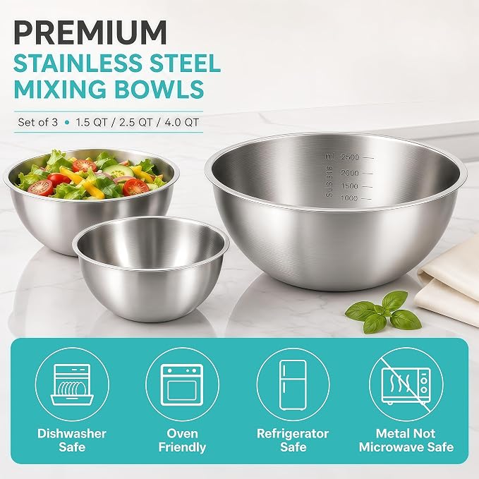 Stainless Steel Mixing Bowls Set of 3, 1.5/2.5/4 Qt Metal Mixing Bowl Set for Baking, Salad, Cooking & Meal Prep, Nesting Stainless Steel Bowls with Measurement Marks, Dishwasher Safe