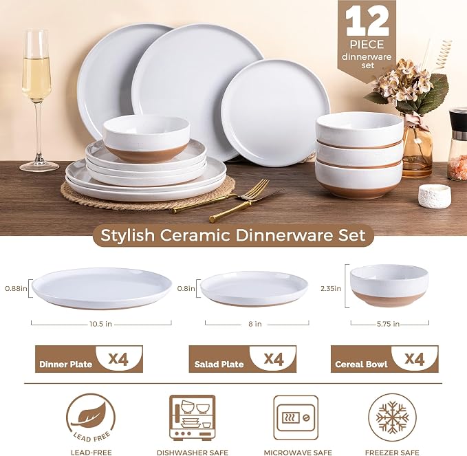 AmorArc Dinnerware Sets for 4, 12 Pieces Ceramic Plates and Bowls Set | Scratch Resistant Stoneware Dishes Set, Dishwasher & Microwave Safe,White