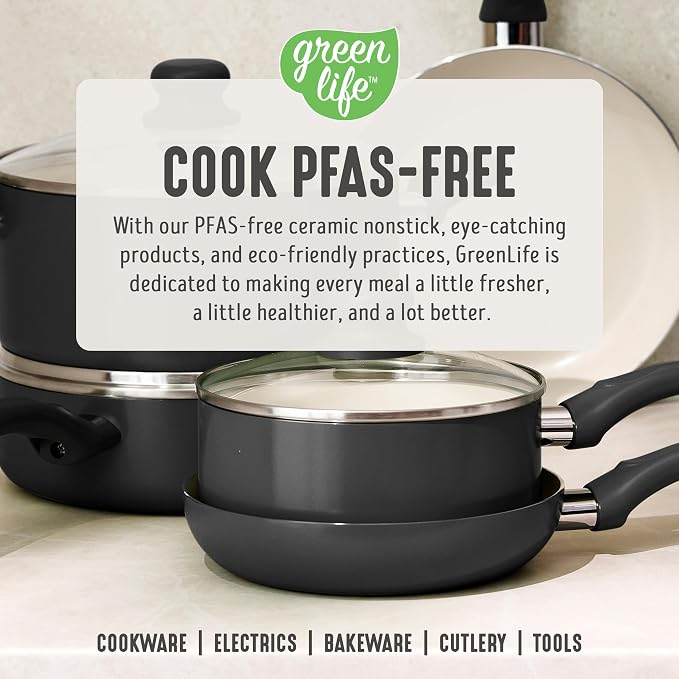 GreenLife 5QT Ceramic Nonstick Stockpot with Lid, Graphite Black | PFAS-Free Nonstick Coating, Casserole Pot, Soup Pot, Pasta Pot, Induction Ready, All Stovetop Compatible, Dishwasher Safe