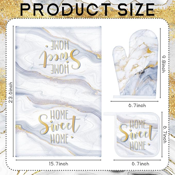 Leinuosen White and Gold Marble 8 Pcs Kitchen Towels and Dishcloths Sets Oven Mitts and Pot Holders Absorbent Kitchen Gloves Potholders Heat Resistant for Chef Baking Cooking