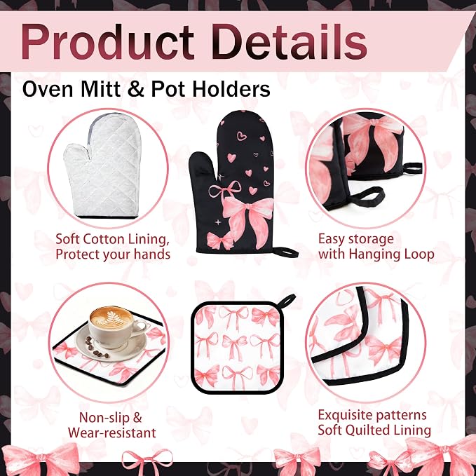 8 Pcs Cute Pink Bow Kitchen Towels and Dishcloths Sets Oven Mitts Pot Holders Set Mother's Day Absorbent Decor Accessories Gloves Potholders Heat Resistant for Chef Baking Cooking Home Gifts