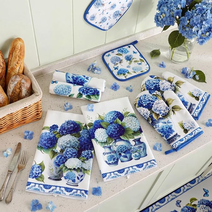 Fanfanwin 10 Pcs Chinoiserie Blue White Hydrangea Kitchen Decor Set Blue and White Chinese Floral Dish Towels Rugs Oven Mitts Pot Holders for Cooking Baking Mom Gift Home Hydrangea Decor